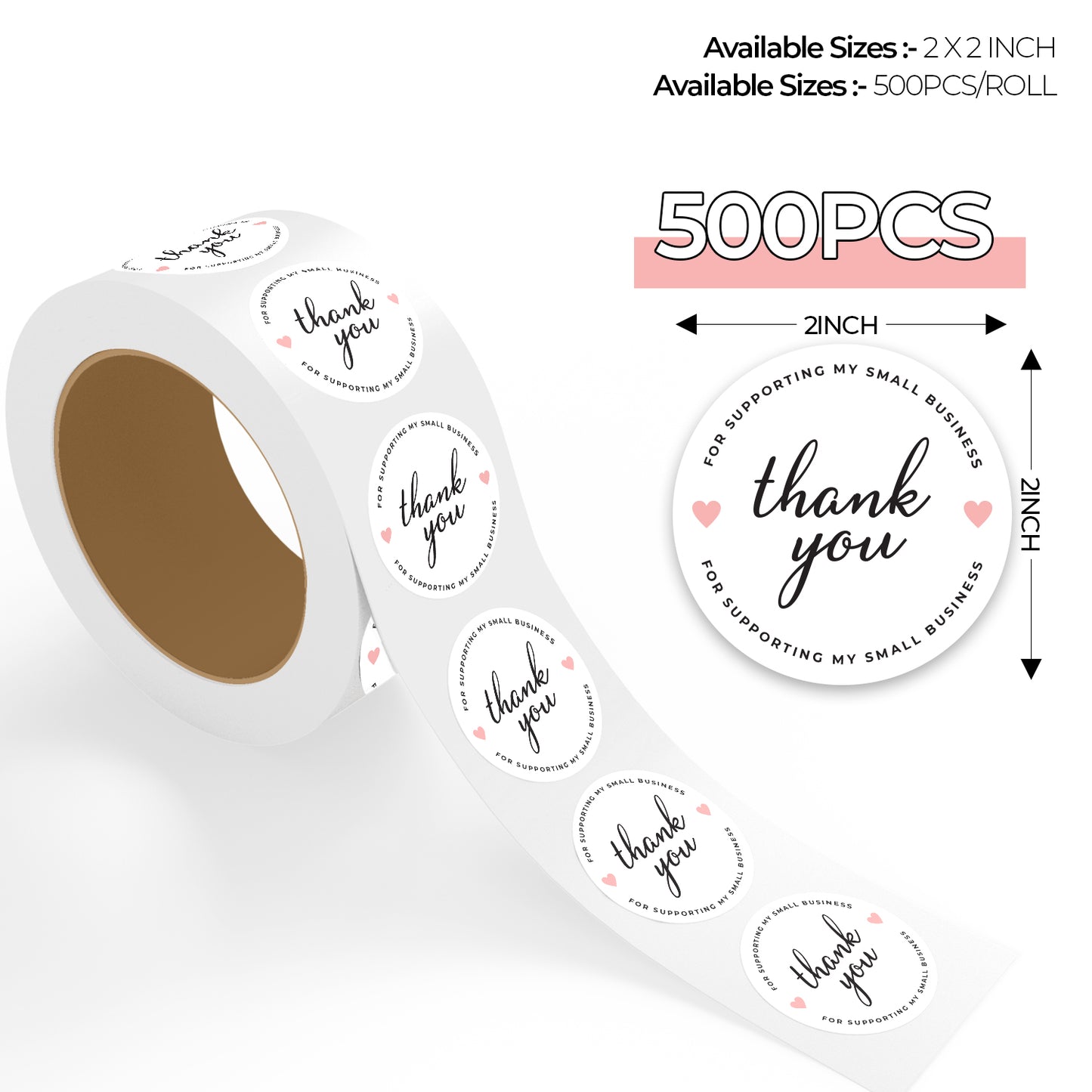 Roll of round Thank You Sticker – Minimal Circle Design stickers with 'thank you' text and small hearts, on a white background.