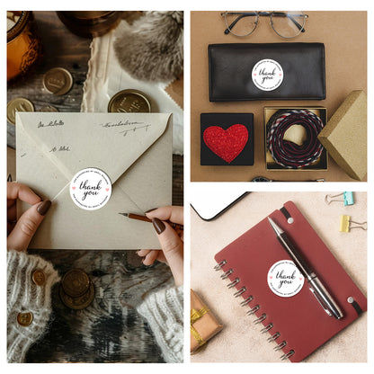 Collage of a letter with a Thank You Sticker – Minimal Circle Design sticker, a wallet with a heart design, and a red notebook with a pen.