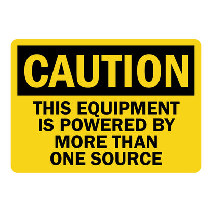 Yellow and black OSHA caution sign sticker with bold text stating This Equipment Is Powered By More Than One Source for workplace electrical safety and lockout tagout compliance