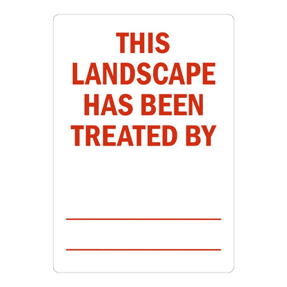This Landscape Has Been Treated By _________ sign stickers, white background, bold red text, script-style Shore Safe Landscaping fill-in lines with red underline.