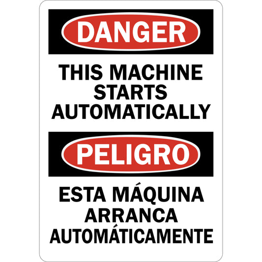 Bilingual OSHA Danger This Machine Starts Automatically Sign Stickers English Spanish