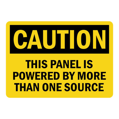 OSHA Caution: This Panel Is Powered by More Than One Source Sign Sticker with yellow background and bold black text, alerting workers to multiple power supply sources.