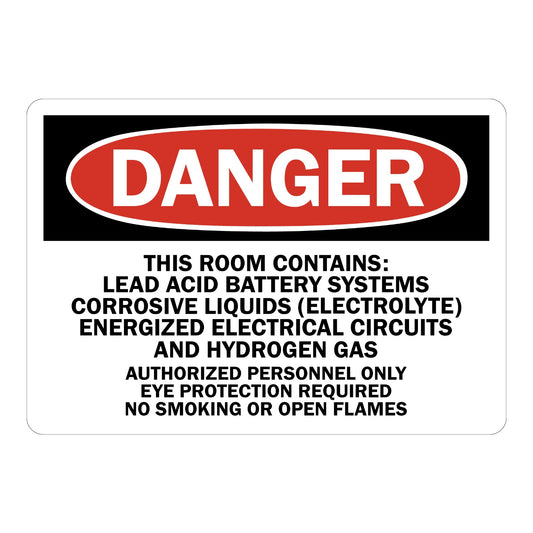 OSHA Danger: This Room Contains - Lead Acid Battery Systems, Authorized Personnel Only, Eye Protection Required