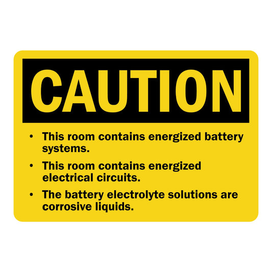 OSHA Caution: This Room Contains Energized Battery Systems, Energized Electrical Circuits