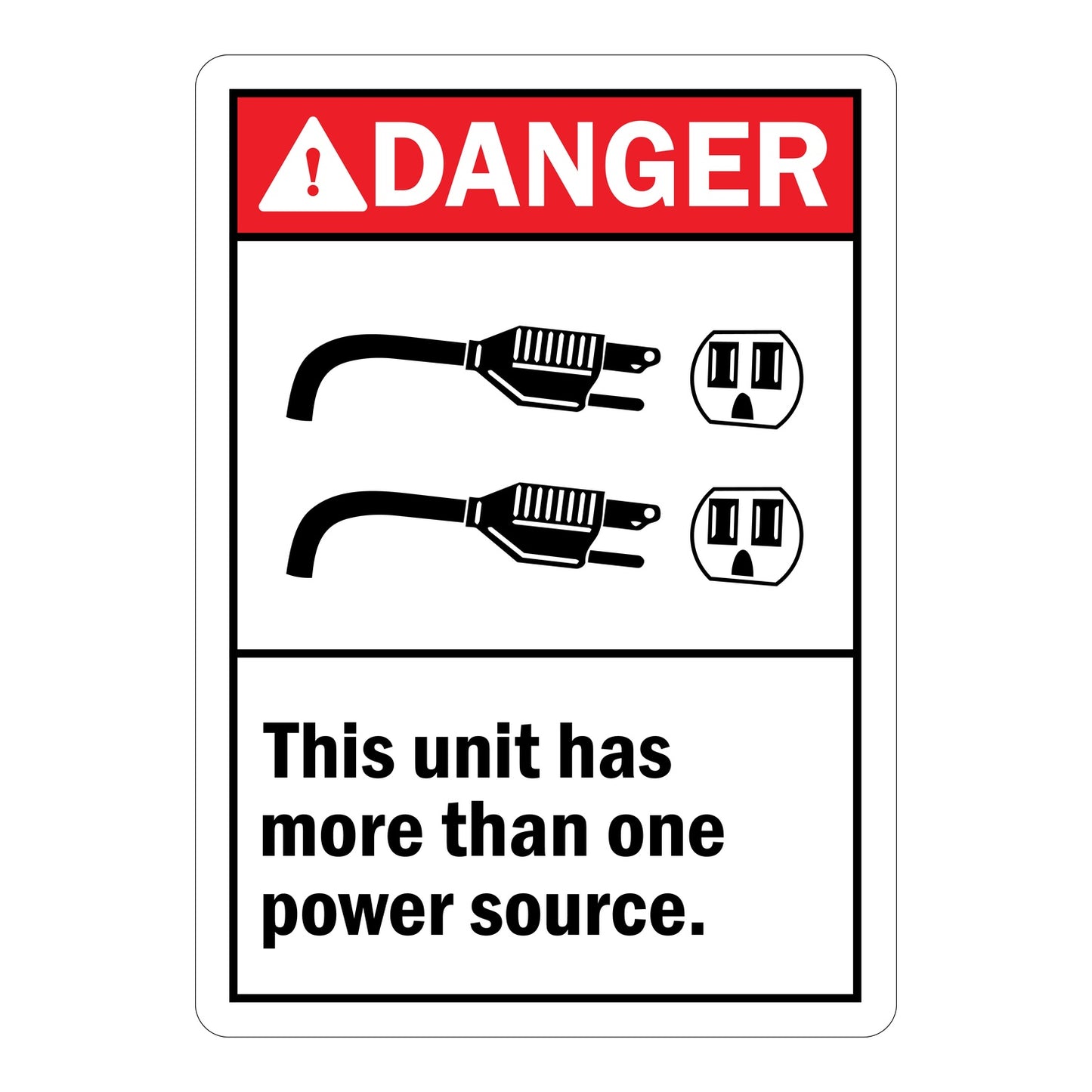 ANSI Danger: This Unit Has More Than One Power Source Sign Stickers – Red DANGER header, dual power plug & outlet icons. For electrical panels, industrial equipment & multi-source power safety zones.