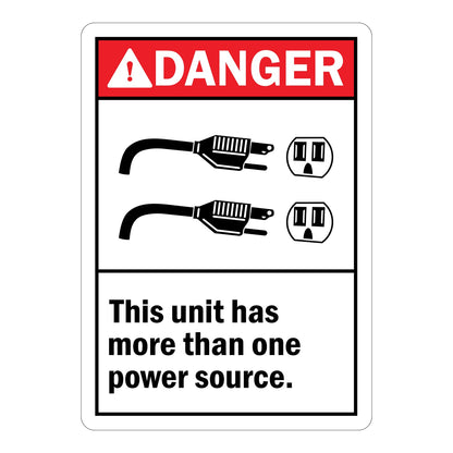 ANSI Danger: This Unit Has More Than One Power Source Sign Stickers – Red DANGER header, dual power plug & outlet icons. For electrical panels, industrial equipment & multi-source power safety zones.