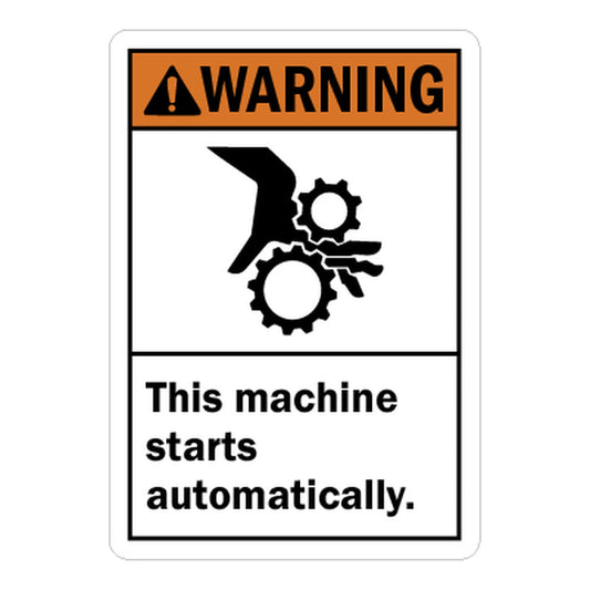 ANSI Warning This Machine Starts Automatically Sign Stickers with Pinch Point Hand Crush Graphic