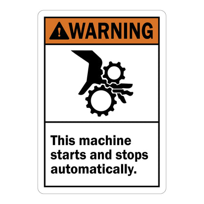 ANSI Warning This Machine Starts And Stops Automatically Sign Sticker with orange warning header, automatic start hazard graphic, and bold machine start stop warning text.