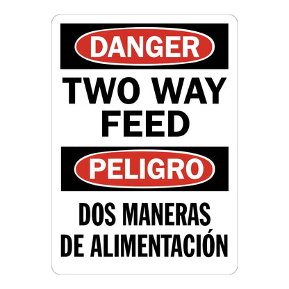 Bilingual OSHA Danger: Two Way Feed Sign Sticker with red DANGER oval header and black English/Spanish text, warning workers of dual electrical feed sources.