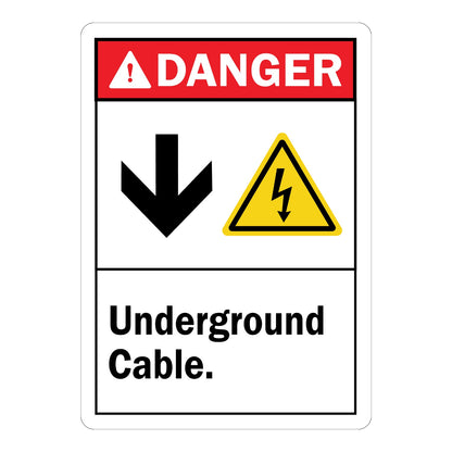 ANSI Danger: Underground Cable Sign Sticker with red DANGER header, white body, downward arrow, and yellow shock hazard triangle icon, marks location of buried cable.
