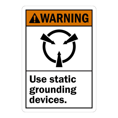 ANSI Warning: Use Static Grounding Devices Sign Sticker with orange header, black ESD circular arrow icon, and bold black text on white panel below