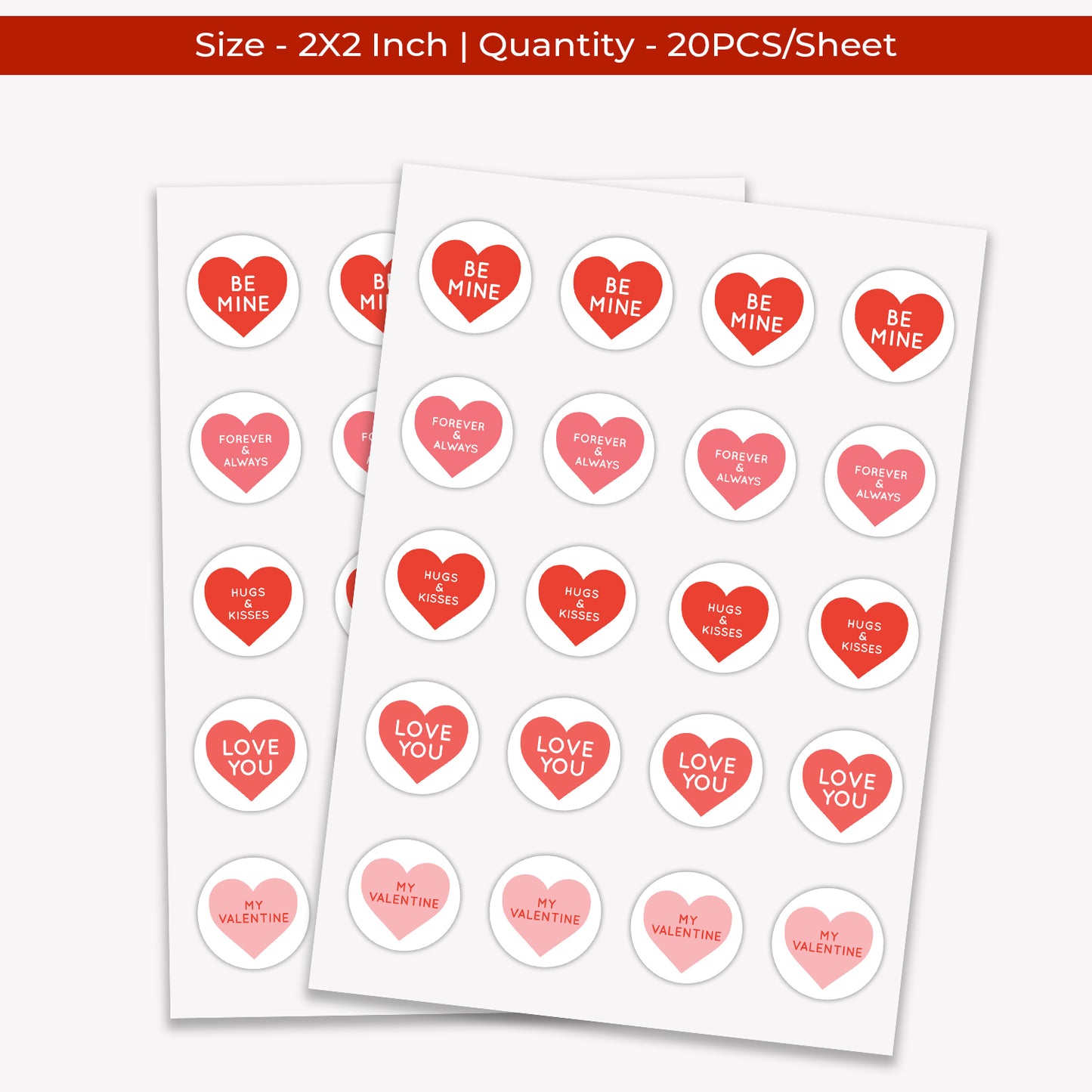 Two sheets of Valentine’s Day Sticker – Assorted Love Messages with various messages on a white background.