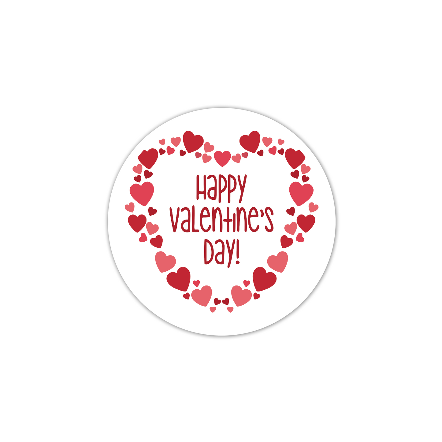 Round sticker with 'Happy Valentine's Day!' text and red hearts on a white background
