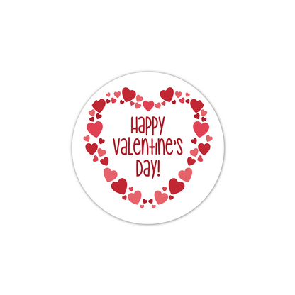 Round sticker with 'Happy Valentine's Day!' text and red hearts on a white background
