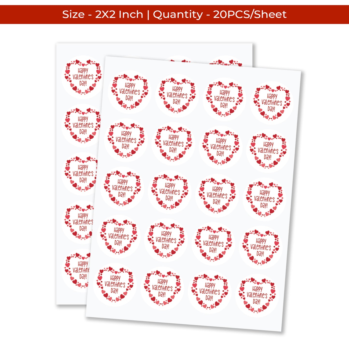Two sheets of Valentine’s Day Sticker – Happy Valentine Heart Frame Design stickers with red heart designs and 'Happy Valentine's Day' text on a white background.