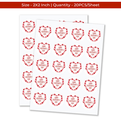Two sheets of Valentine’s Day Sticker – Happy Valentine Heart Frame Design stickers with red heart designs and 'Happy Valentine's Day' text on a white background.