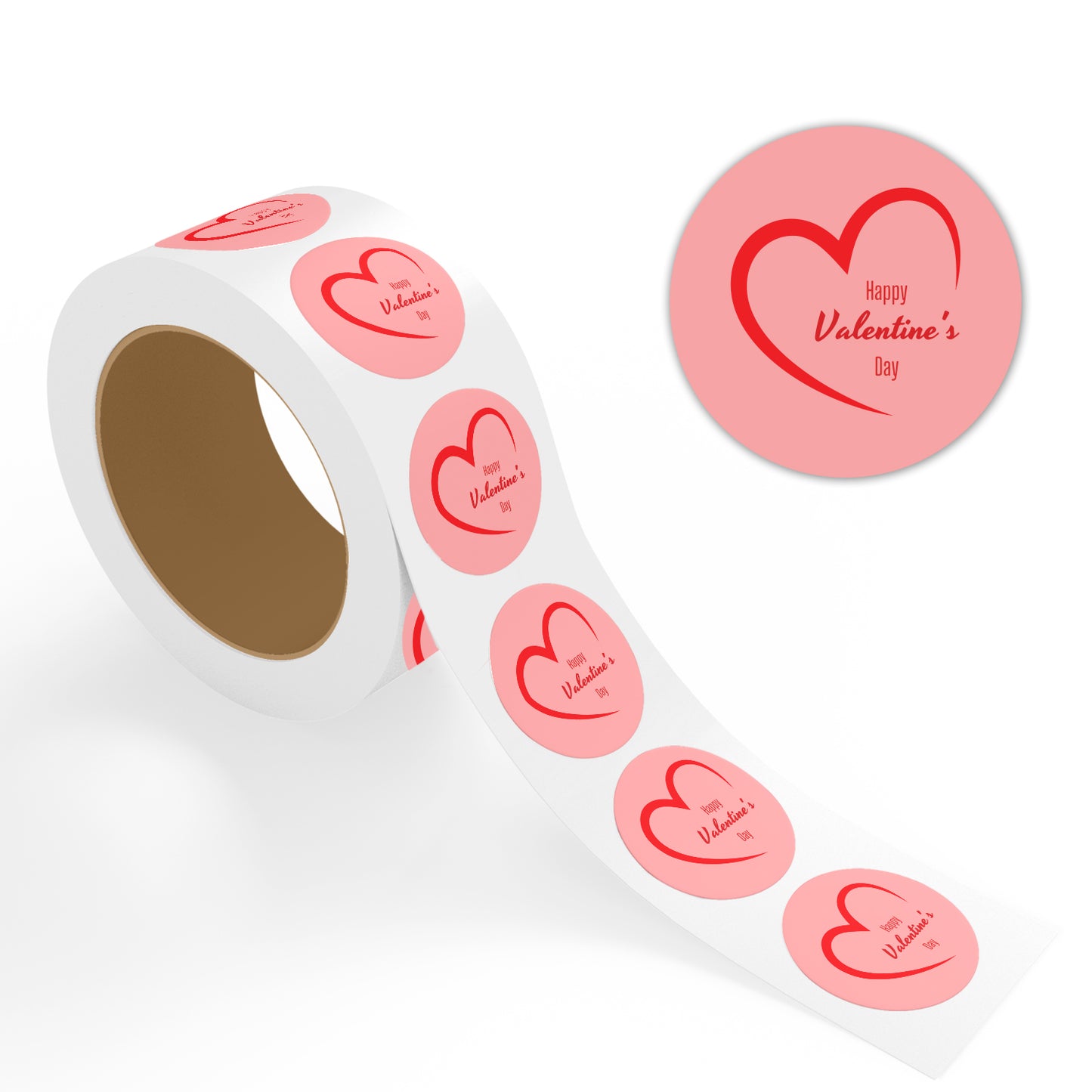 Roll of pink heart-shaped stickers with 'Happy Valentine's Day' text on a white background