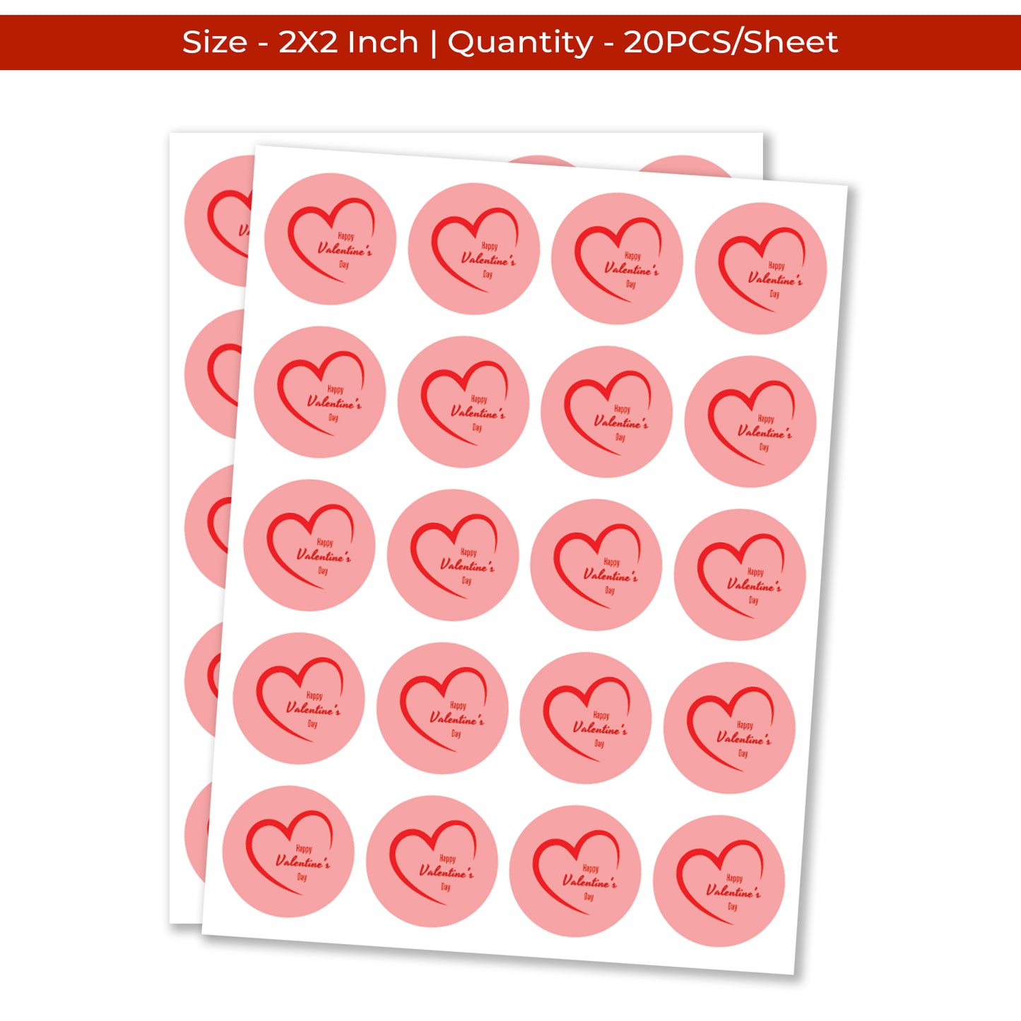 Sheet of round pink Valentine’s Day Sticker – Minimal Pink Heart Design stickers with red hearts and text on a white background
