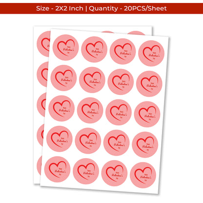 Sheet of round pink Valentine’s Day Sticker – Minimal Pink Heart Design stickers with red hearts and text on a white background