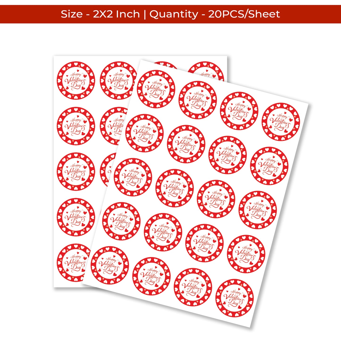 Sheet of red and white Valentine’s Day Sticker – Red Heart Round Border Design with text on a white background