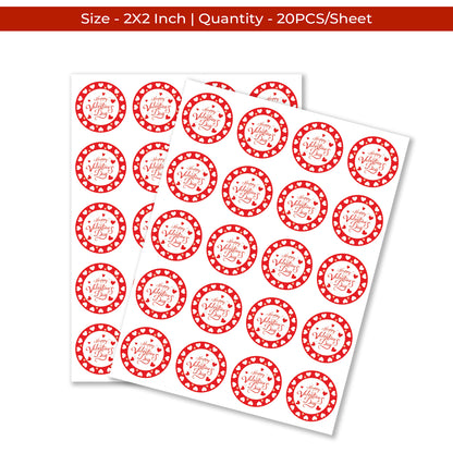 Sheet of red and white Valentine’s Day Sticker – Red Heart Round Border Design with text on a white background
