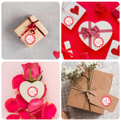 Collage of Valentine’s Day Sticker – Red Heart Round Border Design gift wrapping and decorations with heart-shaped tags.