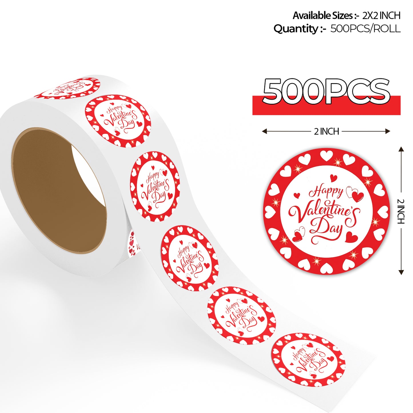 Roll of Valentine’s Day Sticker – Red Heart Round Border Design with 'Happy Valentine's Day' text on a white background