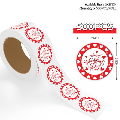 Roll of Valentine’s Day Sticker – Red Heart Round Border Design with 'Happy Valentine's Day' text on a white background