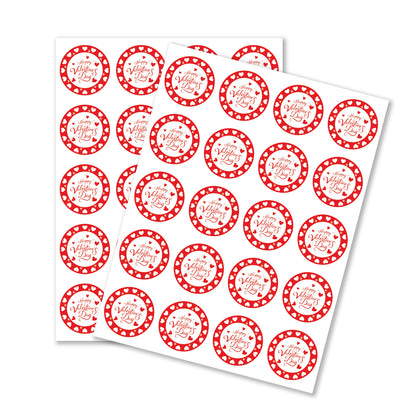 Sheet of red and white Valentine’s Day Sticker – Red Heart Round Border Design with 'Happy Valentine's Day' text on a white background