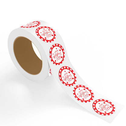 Roll of Valentine’s Day Sticker – Red Heart Round Border Design stickers with red and white design on a white background