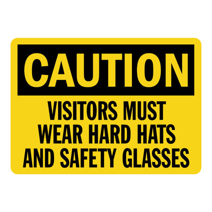 OSHA Caution: Visitors Must Wear Hard Hats and Safety Glasses Sign Sticker with yellow CAUTION header, black band, and bold black text on a yellow background