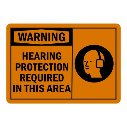 Warning: Hearing Protection Required in This Area sign sticker featuring a bold black WARNING header banner on orange with black text and an ear icon.