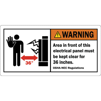 ANSI Warning Area In Front Of Electrical Panel Must Be Kept Clear 36 Inches OSHA-NEC Regulations Sign Sticker with an orange warning header, person and panel clearance graphic, and bold compliance text