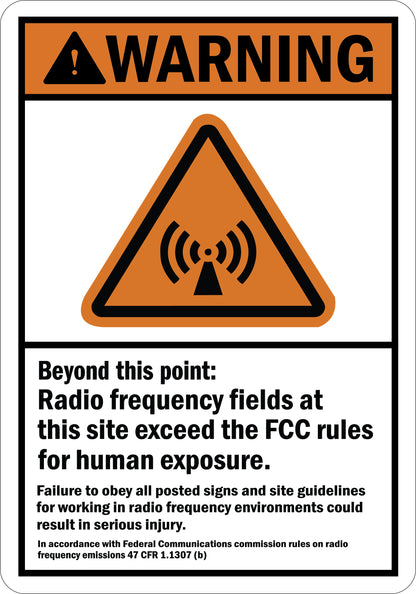 ANSI Warning Radio Frequency Fields Beyond This Point Exceed FCC Rules For Human Exposure Sign Sticker featuring an orange warning header, RF emission triangle symbol, and bold site safety compliance text.