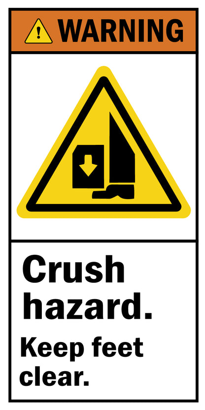 ANSI Warning Crush Hazard Keep Feet Clear Sign Sticker featuring an orange warning header, yellow triangle foot crush symbol, and bold keep feet clear safety warning text.