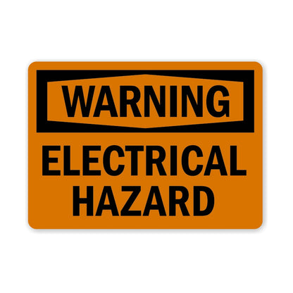 OSHA Warning: Electrical Hazard sign stickers featuring bold black WARNING header on orange background, warns of potential electrical shock risk on-site