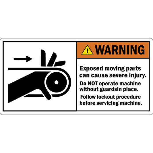 ANSI Warning Exposed Moving Parts Can Cause Severe Injury Do Not Operate Machine Without Guards Sign Stickers