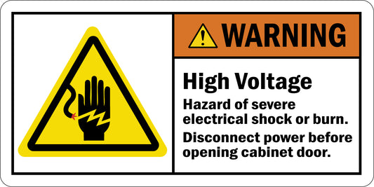 ANSI Warning High Voltage Hazard Of Electrical Shock Or Burn Disconnect Power Before Opening Cabinet Door Sign Stickers
