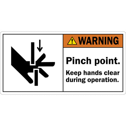 ANSI Warning Pinch Point Keep Hands Clear During Operation Sign Sticker featuring an orange warning header, hand entanglement crushing symbol, and bold hands clear safety instruction text.