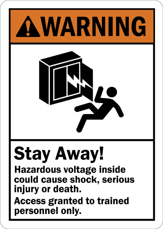 ANSI Warning Stay Away Hazardous Voltage Inside Could Cause Shock Access Trained Personnel Only Sign Stickers