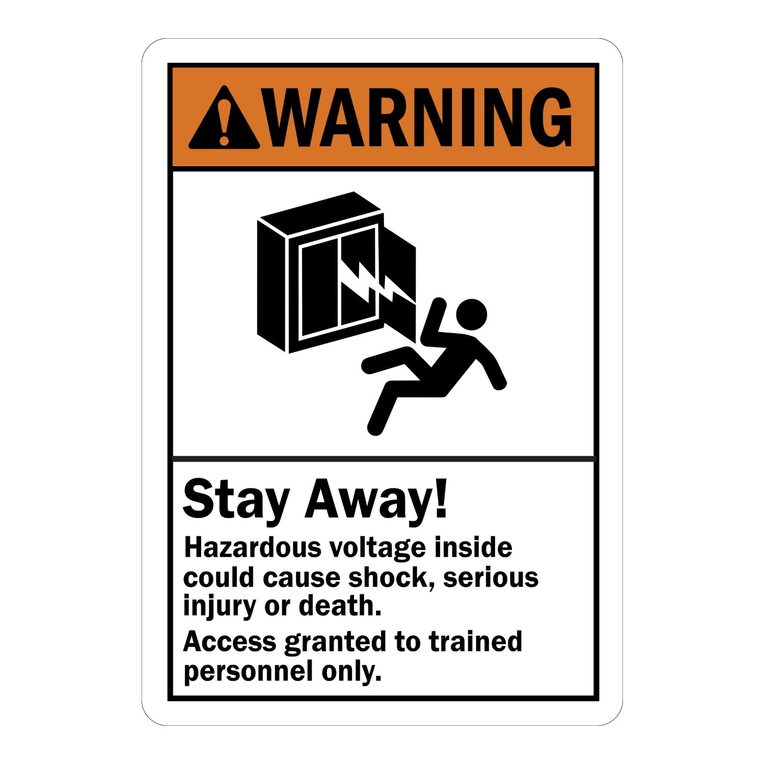 ANSI Warning Stay Away Hazardous Voltage Inside Could Cause Shock Access Trained Personnel Only Sign Stickers