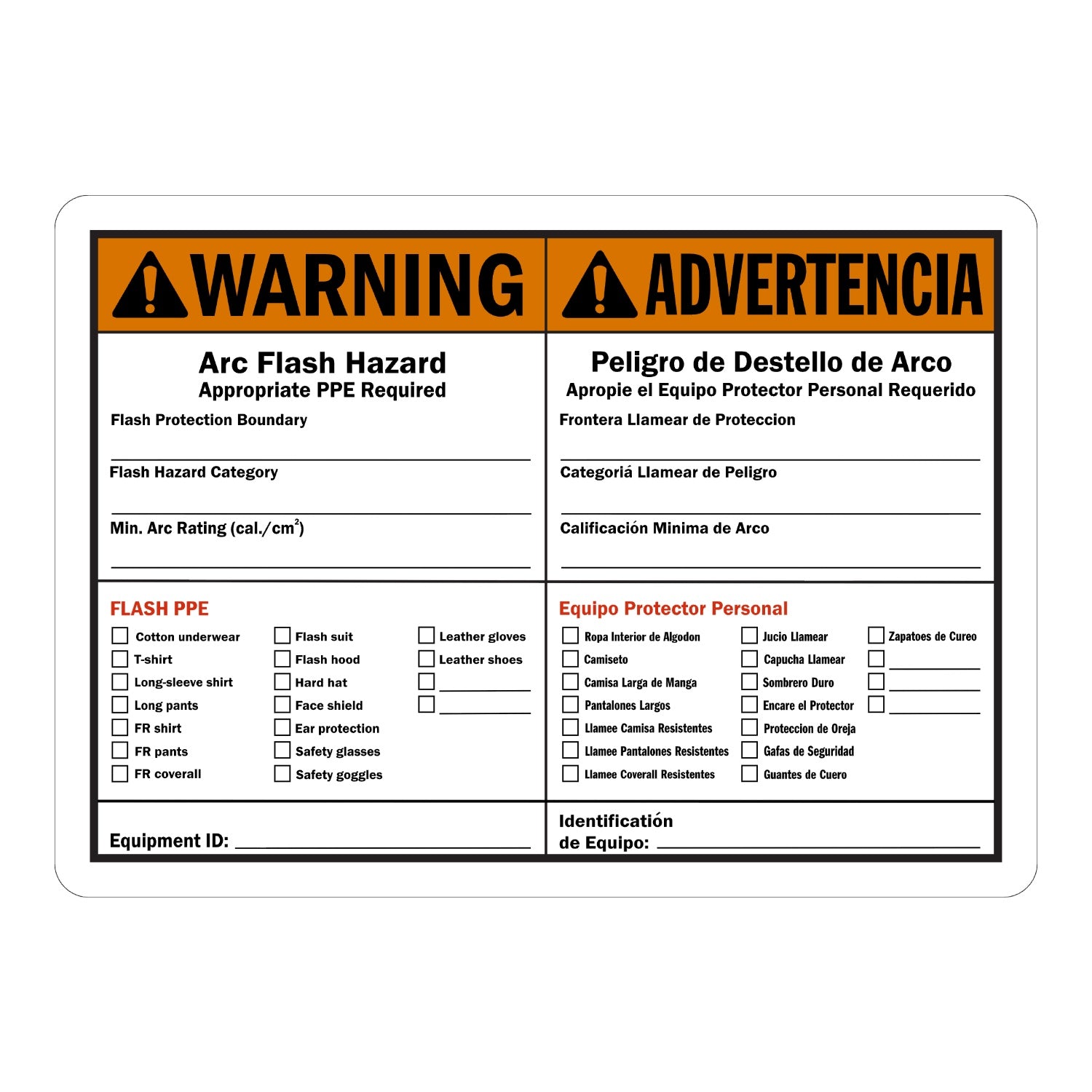 Bilingual Warning: Arc Flash Hazard Appropriate PPE Required Flash Protection