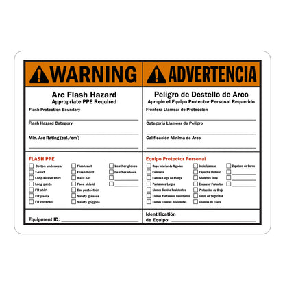 Bilingual Warning: Arc Flash Hazard Appropriate PPE Required Flash Protection Sign Sticker with orange bilingual header, English/Spanish text, and detailed PPE checklist for flash hazard areas