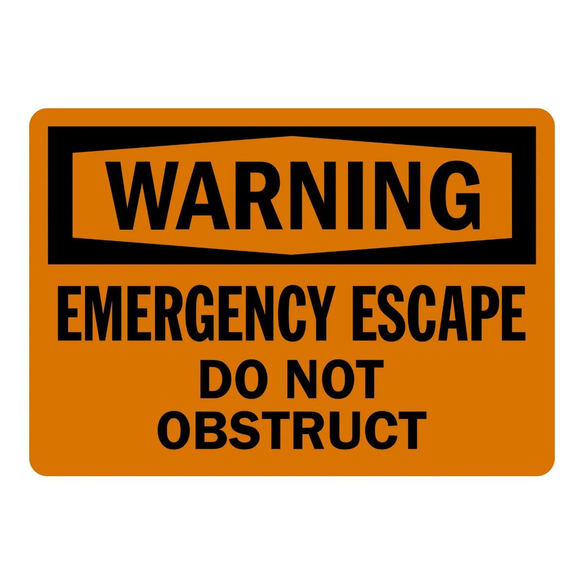 OSHA Warning: Emergency Escape, Do Not Obstruct Sign Stickers with bold black text on orange background and black banner header for emergency exit visibility.