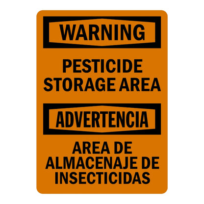 Bilingual OSHA Warning: Pesticide Storage Area sign stickers, orange background, black hexagon banners with bold WARNING/ADVERTENCIA text, bold black bilingual text.