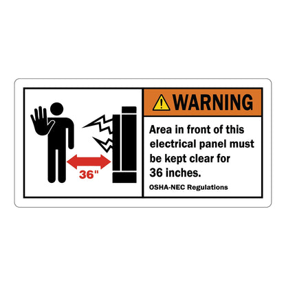ANSI Warning Area In Front Of Electrical Panel Must Be Kept Clear 36 Inches OSHA-NEC Regulations Sign Sticker with an orange warning header, person and panel clearance graphic, and bold compliance text