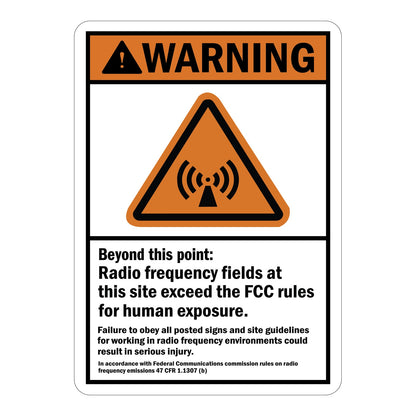 ANSI Warning Radio Frequency Fields Beyond This Point Exceed FCC Rules For Human Exposure Sign Sticker featuring an orange warning header, RF emission triangle symbol, and bold site safety compliance text.