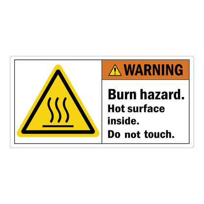 ANSI Warning Burn Hazard Hot Surface Inside Do Not Touch Sign Sticker featuring an orange warning header, yellow triangle heat waves symbol, and bold burn hazard do not touch warning text