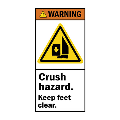ANSI Warning Crush Hazard Keep Feet Clear Sign Sticker featuring an orange warning header, yellow triangle foot crush symbol, and bold keep feet clear safety warning text.