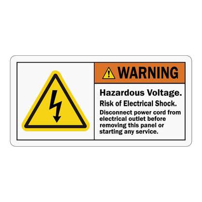 ANSI Warning Hazardous Voltage Risk Of Electrical Shock Disconnect Power Cord Before Removing Panel Or Servicing Sign Sticker with an orange warning header and yellow triangle lightning bolt symbol